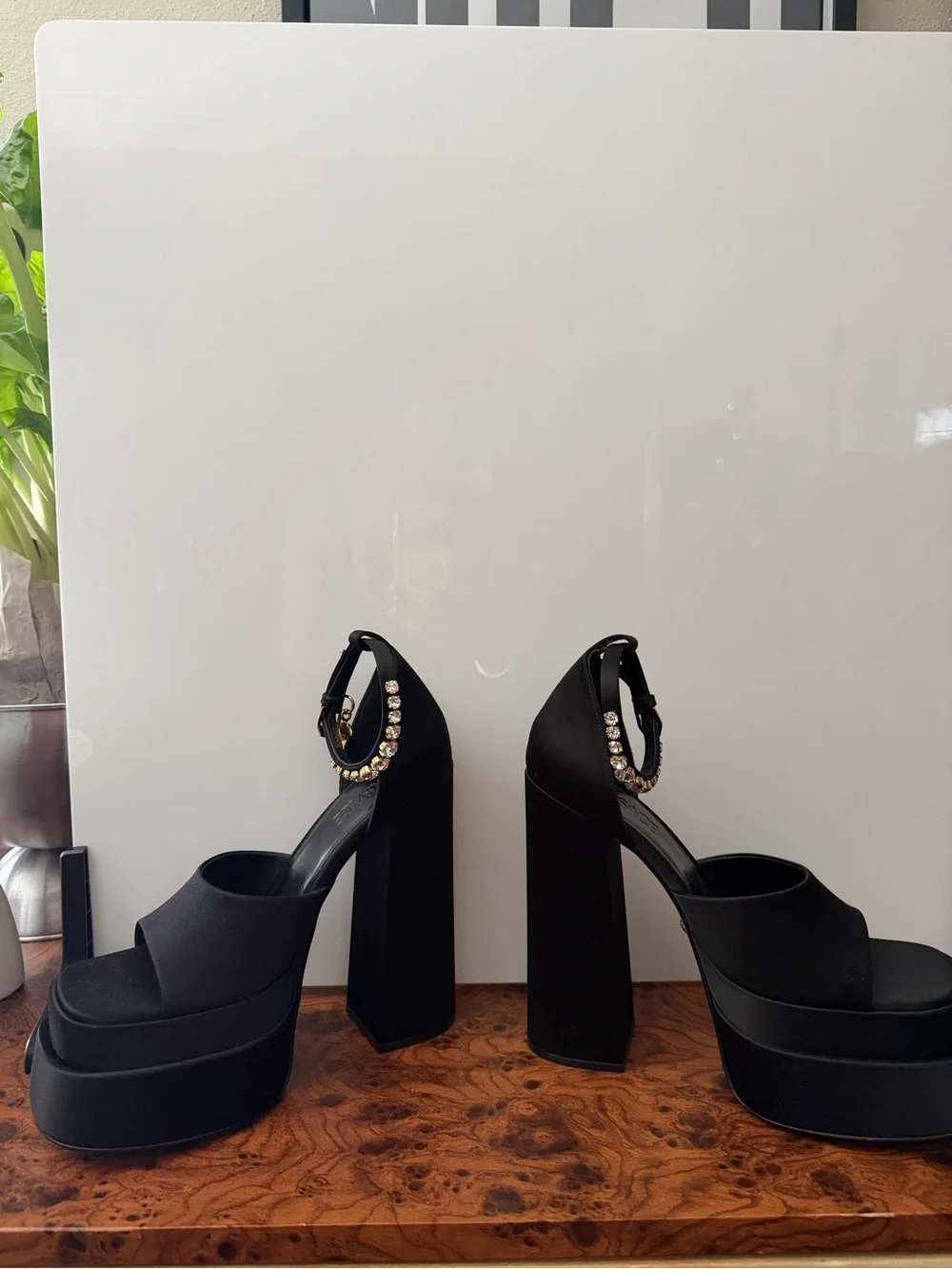 Versace Black Platform Block-Heel Sandals with Gold Chain Ankle Strap